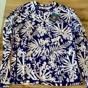 Hurley Long Sleeve Rashguard – Navy/White Tropical Print – Size L – UPF 50+